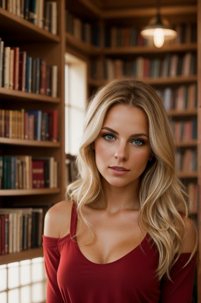 a beautiful woman with long light blonde hair, wearing a loose, plunging neckline red top, in a cozy library. Warm and soft lighting. amazing photograph, DSLR, 80mm Sigma f2, depth of field, intricate natural lighting