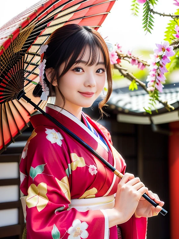 Photo-realistic quality、A Japanese woman wearing a kimono and holding a red umbrella, Traditional Japanese Beauty、20 year old Japanese model, in Kimono, elegant japanese woman, Japanese style, in a kimono, Portrait Shot, wearing kimono, Japanese style, Wear Hakama、looking at the camera、Detailed and beautiful eyes、Cute smile、A soft and gentle look