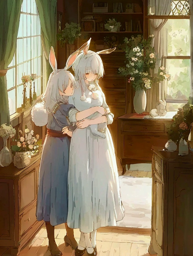 kemono, rabbit ears, a mother hugging her daughter, rabit women, cute look, dress, white hair, domestic environment
