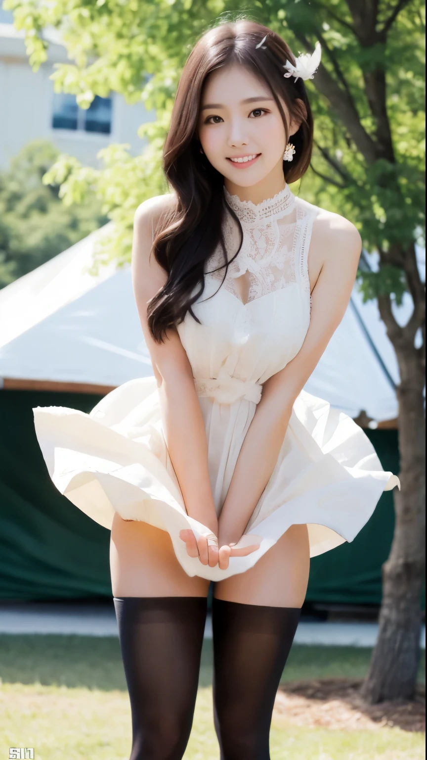 ulzzang-6500-v1.1, (Genuine:1.4), (masterpiece), (Highest quality, 8k, 32K, masterpiece:1.2),Beautiful Japanese Women Photos,(Sad Smile,blush:1.1),Looking at the audience,(Beautifully detailed dress skirt:1.2),Leg Details,(Spread your legs:0.9),(Lace panties:0.9),(Ultra-realistic pantyhose:1.2),(Wind power increase:1.6), whole body,the wind is strong,city,Outdoor