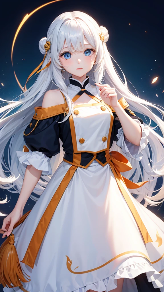 White and orange gradient hair、long hair、Wavy Hair、blue eyes、One Girl、cute、Idol、Fluffy skirt