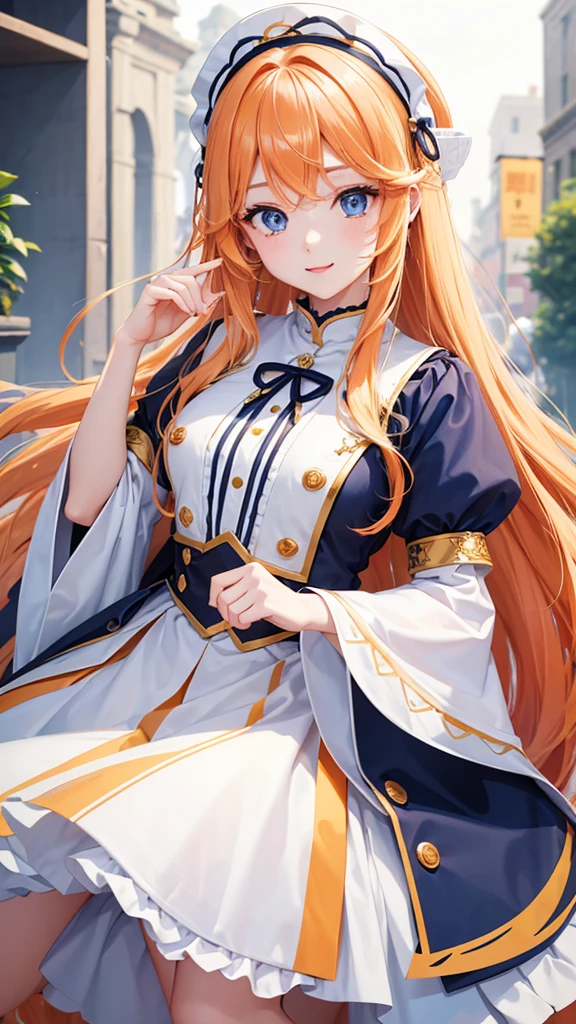 White and orange gradient hair、long hair、Wavy Hair、blue eyes、One Girl、cute、Idol、Fluffy skirt