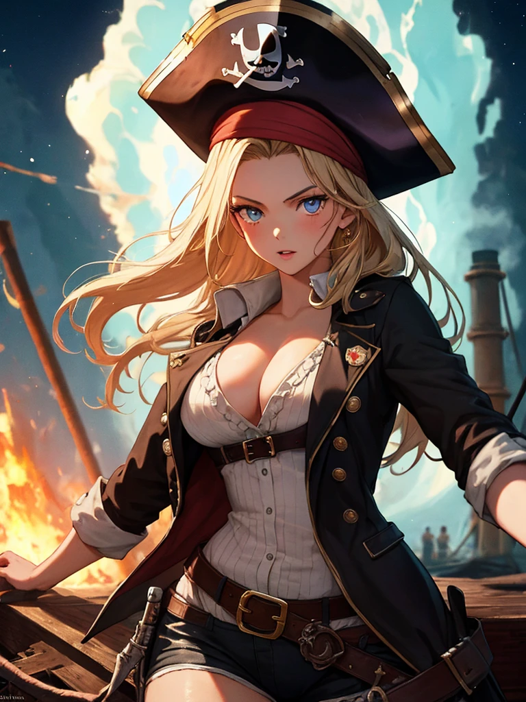 (Pirate War), Ship Explosion, night, typhoon, On board, Android 18, highest quality, 1girl, uhd, retina, masterpiece, ccurate, anatomically correct, textured skin, super detail, high details, high quality, best quality, highres, 4K