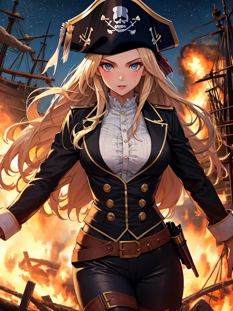 (Pirate War), Ship Explosion, night, typhoon, On board, Android 18, highest quality, 1girl, uhd, retina, masterpiece, ccurate, anatomically correct, textured skin, super detail, high details, high quality, best quality, highres, 4K
