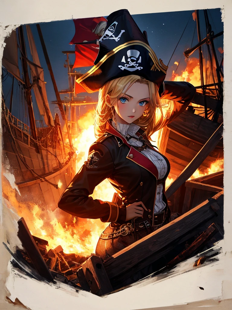 (Pirate War), Ship Explosion, night, typhoon, On board, Android 18, highest quality, 1girl, uhd, retina, masterpiece, ccurate, anatomically correct, textured skin, super detail, high details, high quality, best quality, highres, 4K