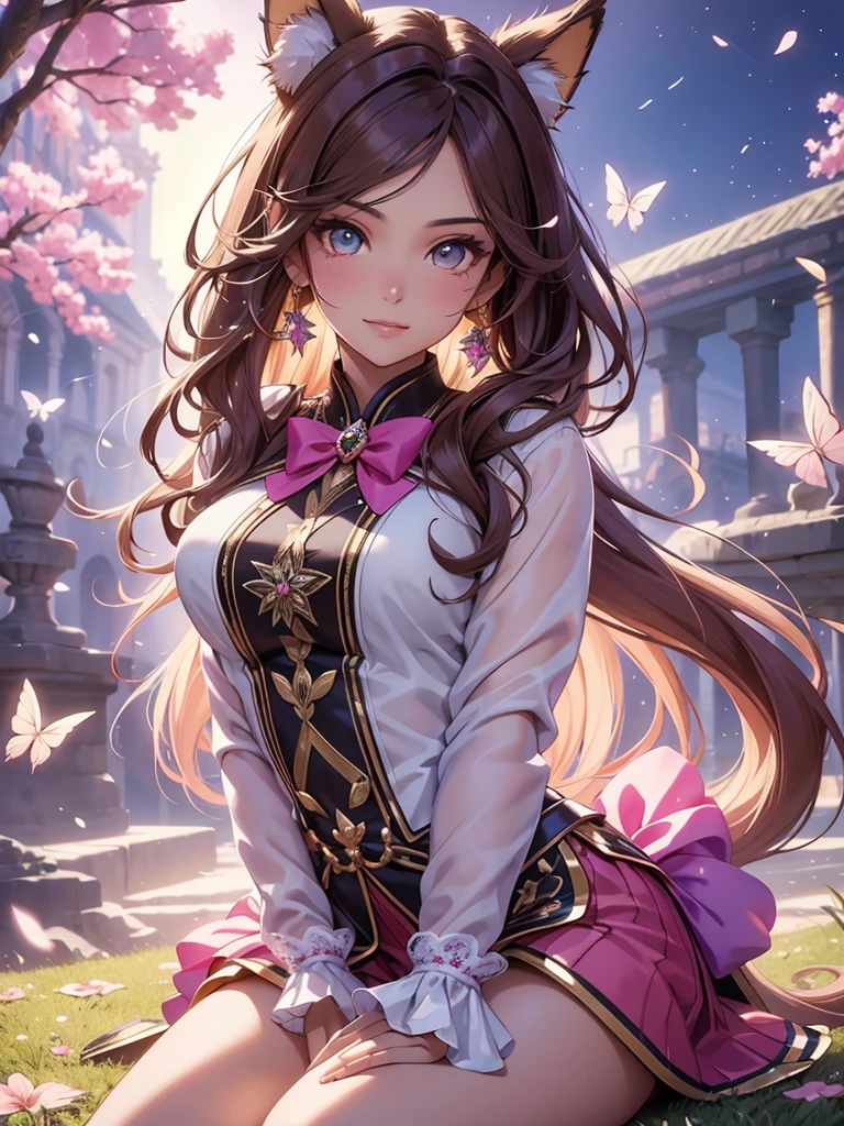 (best quality,4k,8k,highres,masterpiece:1.2),ultra-detailed,(realistic,photorealistic,photo-realistic:1.37),acrylic painting,beautiful Brazilian model in a uniform outfit with downy hair,beautiful Brazilian model with extremely colorful brown hair and detailed facial features,beautiful Brazilian model standing in a beautiful garden surrounded by a starry sky,brown hair,beautiful Brazilian model wearing a vibrant pink and teal uniform outfit,beautiful Brazilian model with intricate accessories,cat ears,beautiful Brazilian model posing gracefully with her hands on her hips,beautiful Brazilian model with long flowing twintails,beautiful Brazilian model with bright brown eyes and rosy lips,beautiful Brazilian model with a joyful expression,beautiful Brazilian model in a dynamic pose with cherry blossoms falling around her,beautiful Brazilian model surrounded by colorful flowers and butterflies,beautiful Brazilian model's school uniform outfit adorned with cute bows and lace details,beautiful Brazilian model with an enchanting smile,beautiful Brazilian model with soft, pastel-colored shading,beautiful Brazilian model with a magical glow illuminating her,beautiful Brazilian model in a picturesque setting with a winding path leading to a magnificent castle,beautiful Brazilian model with a fairytale-like background,beautiful Brazilian model with a soft, dreamy atmosphere,beautiful Brazilian model with a subtle bokeh effect,beautiful Brazilian model standing under a sunny sky,beautiful Brazilian model with a warm, golden sunset in the background,beautiful Brazilian model surrounded by twinkling stars and colorful nebulae,creating an ethereal and captivating artistic masterpiece, sitting down. 
