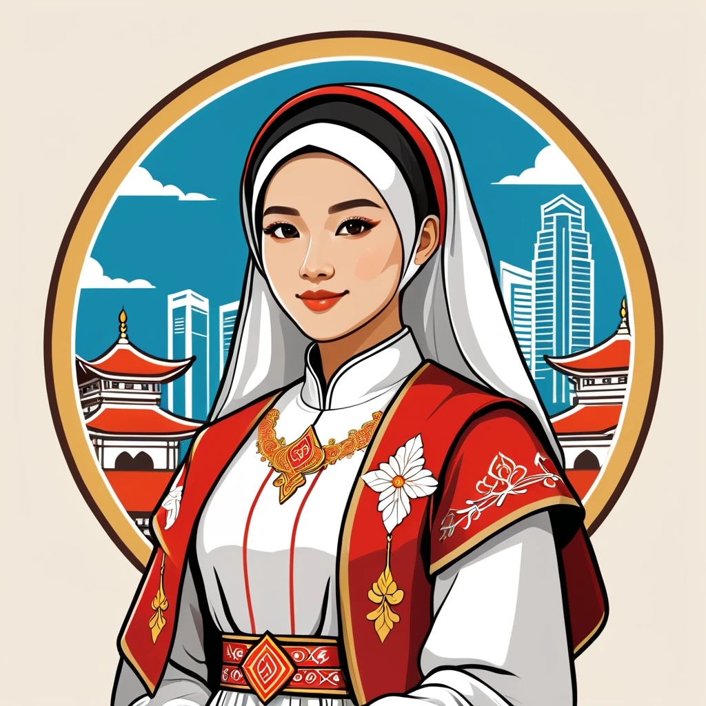 female cleric in singapore folk outfit ,vector graphics, strong contours, logo design