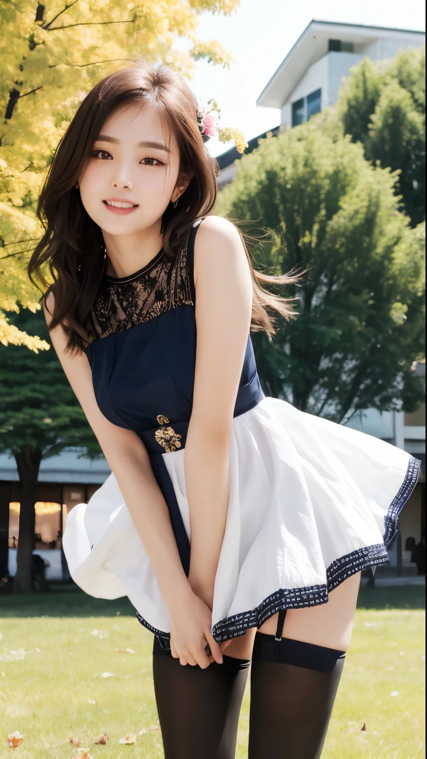 ulzzang-6500-v1.1, (Genuine:1.4), (masterpiece), (Highest quality, 8k, 32K, masterpiece:1.2),Beautiful Japanese Women Photos,(Sad Smile,blush:1.1),Looking at the audience,(Beautifully detailed dress skirt:1.2),Leg Details,(Spread your legs:0.9),(Lace panties:0.9),(Ultra-realistic pantyhose:1.2),(Wind power increase:1.6), whole body,the wind is strong,city,Outdoor