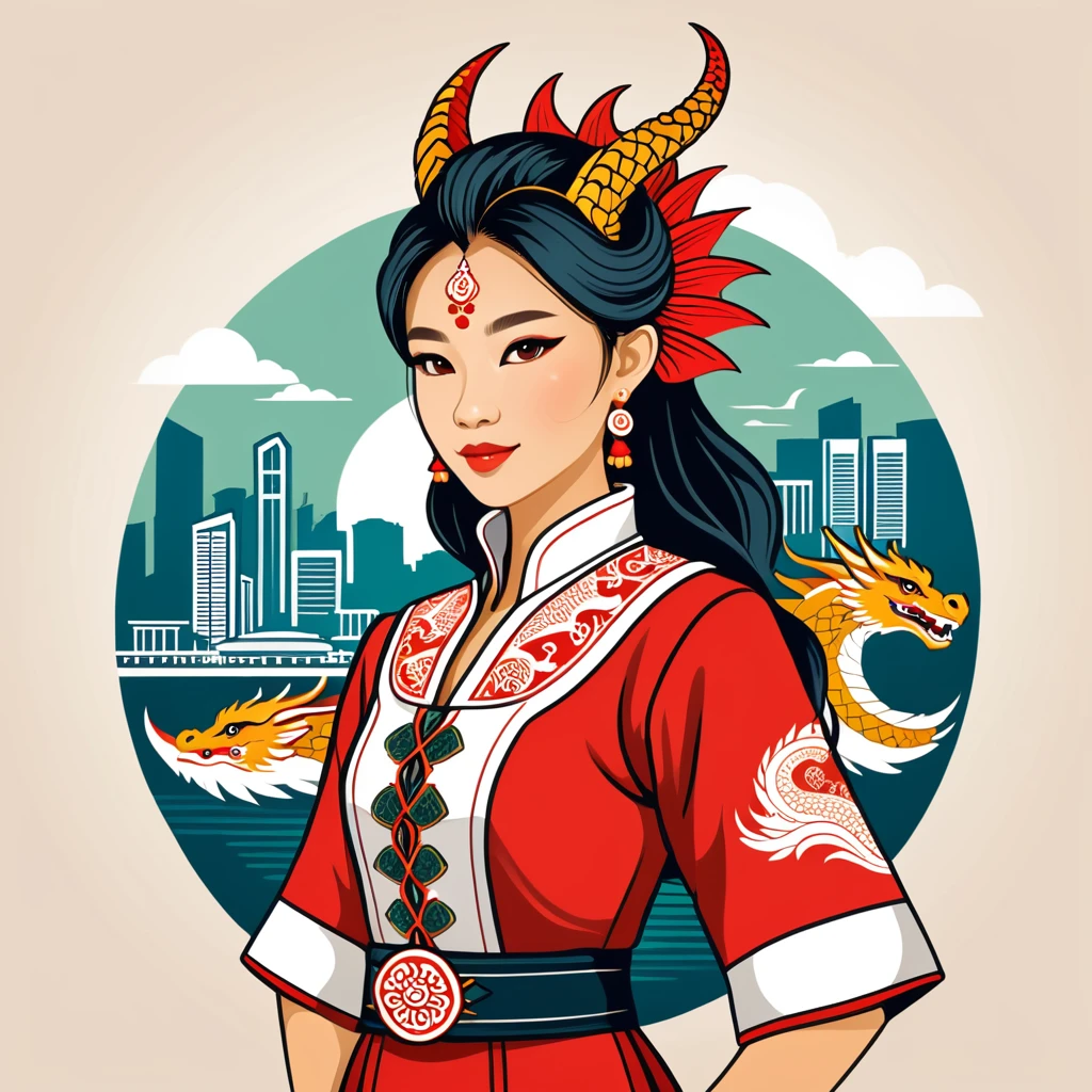 female dragon in singapore folk outfit ,vector graphics, strong contours, logo design