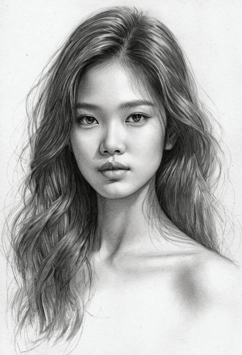 A delicate, graphite sketch shows a naked beautiful Thai, her features rendered in subtle shading and precise lines. The framing is tight, focusing attention on the subject's sweet face, big eyes, high nose, thick and long eyebrow. Soft, feathery strokes convey the gentle texture of her long hair, while the delicate curve of her neck is emphasized by the pencil's softness. The overall mood is contemplative, as if the woman is lost in thought.