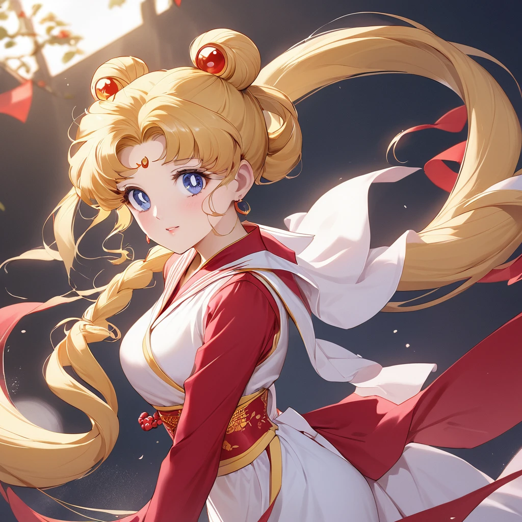 ((Highest quality)), ((masterpiece)), (detailed), （Perfect Face）、The woman is a Chinese Sailor China, a Chinese woman with blue eyes, long blonde hair in a twin-tailed chignon, a beautiful Chinese warrior, wearing a gorgeous Hanfu-like costume and accessories.、The woman is wearing a gorgeous and beautiful Chinese costume, resembling that of a Chinese Communist Party member.、For the sake of China, they change their hairstyle, clothes, and everything they wear to be Chinese, and their thoughts are also Chinese, becoming great Chinese in body and mind.、The woman became a Chinese woman, Sailor China, who is proud of China and loves it devotedly.、She is serving China as a member of the great Communist Party of China.