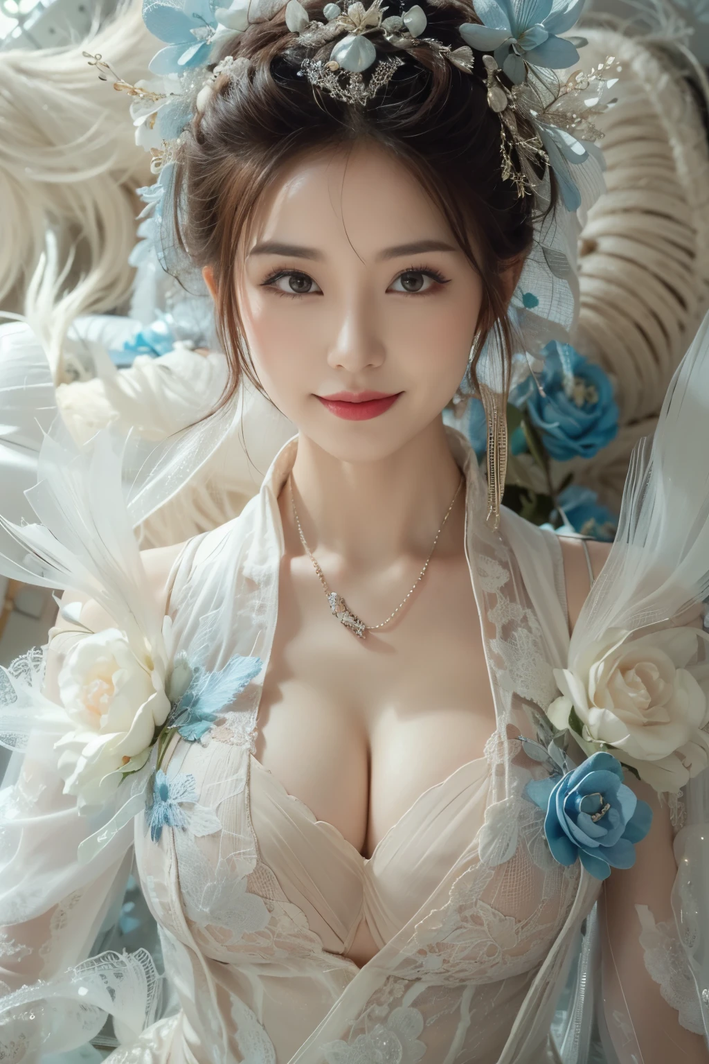 (Realistic, Photorealistic: 1.37), (Masterpiece, Best Quality: 1.2), (Ultra High Resolution: 1.2), (RAW Photo: 1.2, shots on Nikon), (Sharp Focus: 1.3), (Face Focus: 1.37), (Ultra Detailed CG Unified 8k Wallpaper: 1.2), (Beautiful Skin: 1.2), (pale Skin: 1.3), (Hyper Sharp Focus: 1.5), (Ultra Sharp Focus: 1.5), ( Beautiful pretty face: 1.3), (super detailed background, detail background: 1.3), break, very cute and beautiful Japan pictures of woman, (sexy model), professional attire, (22 years old: 1.1), portrait of a girl with a bright smile, upper body image, When viewed from the front, the composition is symmetrical, (Studio lighting: 1.3), (Cinematic lights: 1.3), (backlight: 1.3), dim lighting, lighting that covers the whole body, (looking straight at you, standing:1.3, arms down:1.3, random, model pose), break, (shiny-brown half up thin hair: 1.2), dark brown eyes, upturned eyes, beautiful eyes, princess eyes, ((brown hair:1.3)), single hair, bangs, Hair between eyes, Long hair, curby, abs, perfect abs, (gigantic-breast;1.37, big breast:1.37, big cleavage:1.37), (thin waist: 1.15), (detailed beautiful girl: 1.4), (bare shoulder, Chest squeezed together, View viewer, (blue camisole:1.3, black box-long-skirt:1.3, teacher fashion style, attractive look), Solo, Parted lips, pink lips, (shiny skin), sweat, (school room background:1.5), (light seductive smile:1.25), ((Perfect Female Body)), (Upper Body Image:1.3), Frame the Head, Perfect Anatomy, Perfect Proportions, 8.5 Life-Size, Face Focus, Ultra Realistic Photo, Hyper Sharp Image, Hyper Detail Image,