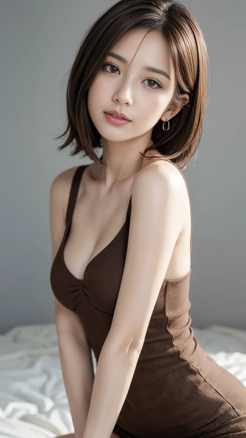 One beautiful woman, Realistic, Super detailed, High resolution, 8k wallpaper, Light brown hair, South Sea Beach, Sexy and bold swimsuit, Cute big ass, Sharp focus, Perfect dynamic composition, Beautiful, realistic and detailed eyes, Detailed hair, Fine and realistic skin texture, smile, Close-up portrait, Model body type, (Representative works: 1.3), (8k, Realistic, RAW Photos, Best image quality: 1.4), (30 year old mature woman),Small face, Beautiful Face, (Realistic Face),No makeup、Natural Makeup、light makeup、 (Dark brown, short hair: 1.3), Beautiful hairstyle, Realistic eyes, Beautiful attention to detail, (Photorealistic Skin), Beautiful Skin, (sweater),、Bust B cup、 Confused, charm, 超High resolution, Ultra-realistic, High resolution, Golden Ratio, ff tifa、Gray background、