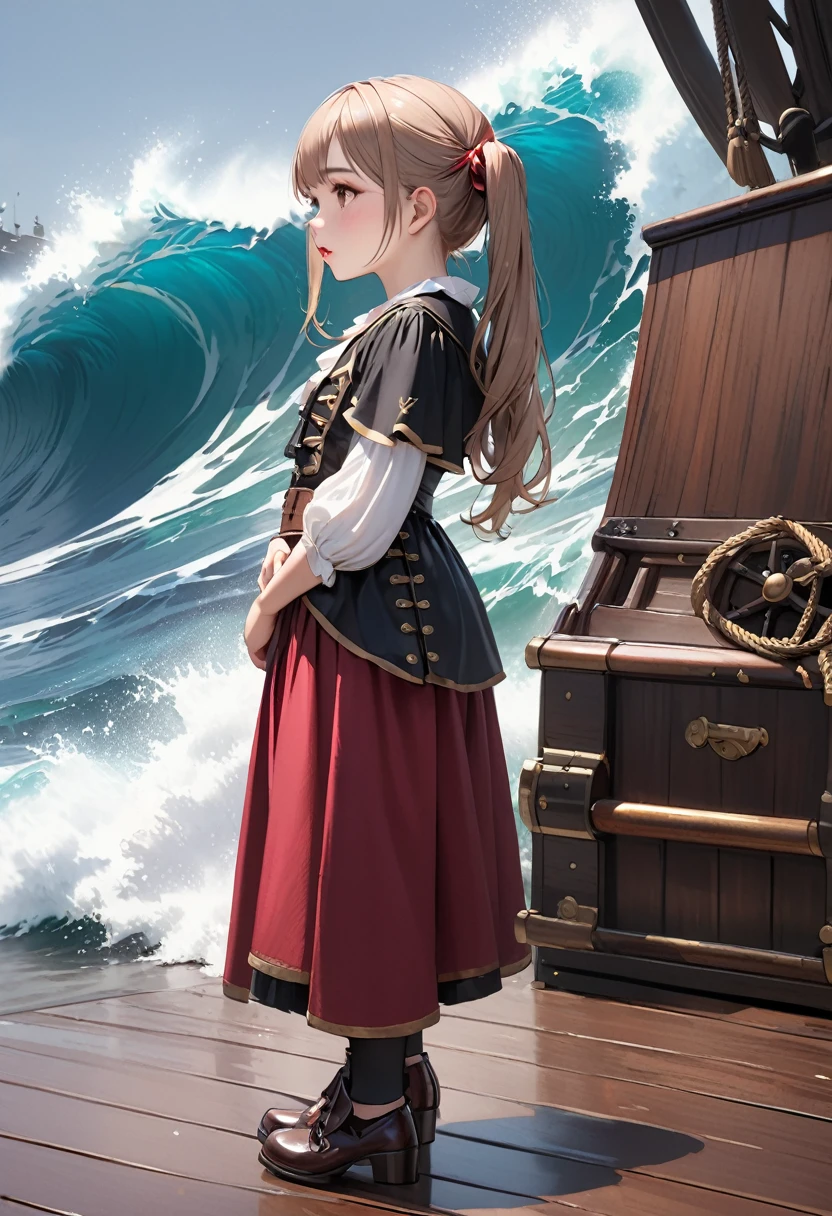 Highest quality, masterpiece, Ultra-high resolution, Realistic:1.2, RAW Photos, Intricate details, Portraiture, Big beautiful brown eyes:1.2, Perfect contours, Perfect proportions:1.2, ((female pirate:1.2)), break ((full body:1.2, ((from side:1.2)), (front shot:1.2), looking away:1.2)), ((petite, short, tiny girl:1.2)), Light Brown Hair、((long hair, twintails:1.2)), (makeup:1.2, full lips:1.3, pink lips:1.3, shiny lips:1.3, parted lips:1.2), ((Pirate costumes:1.2, Pirate Shoes)), break ((Hold your mouth、Place your hands on the floor、Kneeling on the floor、Leaning forward:1.2))、(Crying face:1.2), (The background is the deck of a pirate ship:1.2、There are a few pirates wandering around、Big Waves、Enemy pirate ship), (empty-handed)