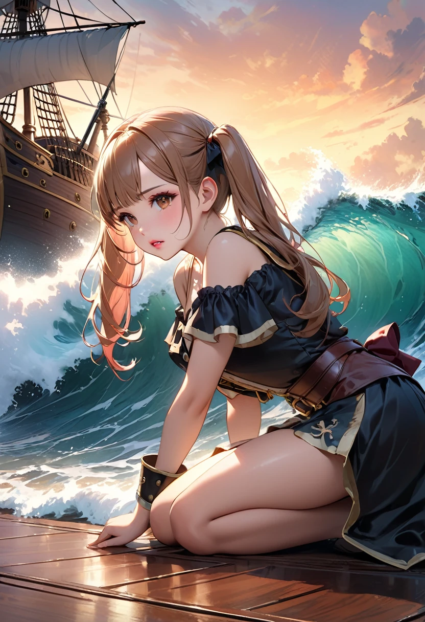 Highest quality, masterpiece, Ultra-high resolution, Realistic:1.2, RAW Photos, Intricate details, Portraiture, Big beautiful brown eyes:1.2, Perfect contours, Perfect proportions:1.2, ((female pirate:1.2)), break ((full body:1.2, ((from side:1.2)), (front shot:1.2), looking away:1.2)), ((petite, short, tiny girl:1.2)), Light Brown Hair、((long hair, twintails:1.2)), (makeup:1.2, full lips:1.3, pink lips:1.3, shiny lips:1.3, parted lips:1.2), ((Pirate costumes:1.2, Pirate Shoes)), break ((Hold your mouth、Place your hands on the floor、Kneeling on the floor、Leaning forward:1.2))、(Crying face:1.2), (The background is the deck of a pirate ship:1.2、There are a few pirates wandering around、Big Waves、Enemy pirate ship), (empty-handed)