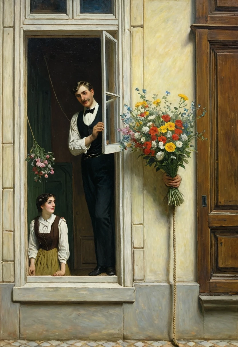 a painting depicting a man who looks out of a window and holds a bouquet of flowers on a rope. A young woman from around the corner watches him, Friedrich Ortlieb, Adolf Hiremi-Hirschl, Eduard von Greutzner, Emil Laner, Karl Eugen Kiel, interior scene, Jean Georges Viber, Victorian painting, Rudolf von Alt, Hubert von Herkomer.