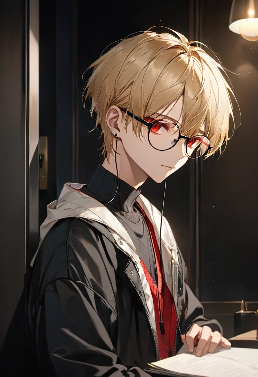 Highest quality, masterpiece, High resolution,Distributor, maleの子1人, male, thin, Alone in a private room, Upper Body,, Short blonde, Red eyes,Glasses, Around 15 years old, Earphones,Dark Background