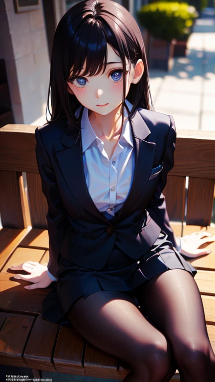 masterpiece, Highest quality, One Girl, Thighs, beautiful girl, Flowers, Lots of small petals, Narrow waist, Official Art, RAWphotograph,bright、Vibrant colors、Face Light, Dynamic Lighting, Cinema Lighting, Ultra-realistic, High resolution, photograph, Sharp focus, Highly detailed eyes and face,Symmetrical face, whole body、Large Breasts、Long Hair、チラリと見えるThighs、suit、mini skirt、lipstick、pantyhose、Embarrassing、Long legs、loafers