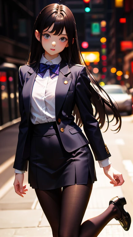 masterpiece, Highest quality, One Girl, Thighs, beautiful girl, Flowers, Lots of small petals, Narrow waist, Official Art, RAWphotograph,bright、Vibrant colors、Face Light, Dynamic Lighting, Cinema Lighting, Ultra-realistic, High resolution, photograph, Sharp focus, Highly detailed eyes and face,Symmetrical face, whole body、Large Breasts、Long Hair、チラリと見えるThighs、suit、mini skirt、lipstick、pantyhose、Embarrassing、Long legs、loafers