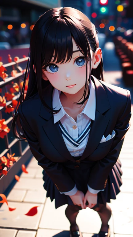 masterpiece, Highest quality, One Girl, Thighs, beautiful girl, Flowers, Lots of small petals, Narrow waist, Official Art, RAWphotograph,bright、Vibrant colors、Face Light, Dynamic Lighting, Cinema Lighting, Ultra-realistic, High resolution, photograph, Sharp focus, Highly detailed eyes and face,Symmetrical face, whole body、Large Breasts、Long Hair、チラリと見えるThighs、suit、mini skirt、lipstick、pantyhose、Embarrassing、Long legs、loafers