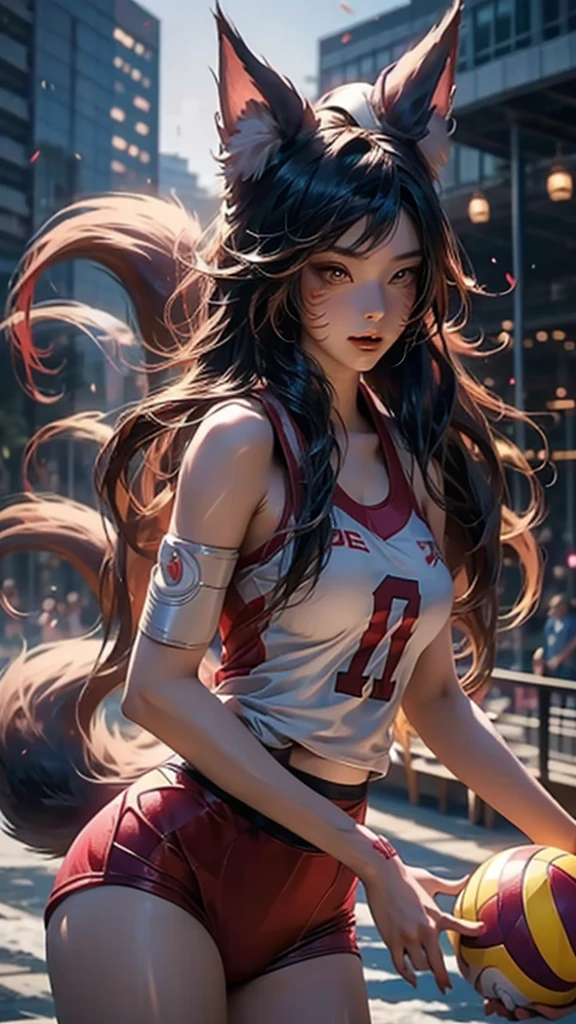 Great Games,Japanese nine-tailed fox girl,Long flowing hair,Wear sportswear,On the volleyball court,race,Play volleyball,Sweating