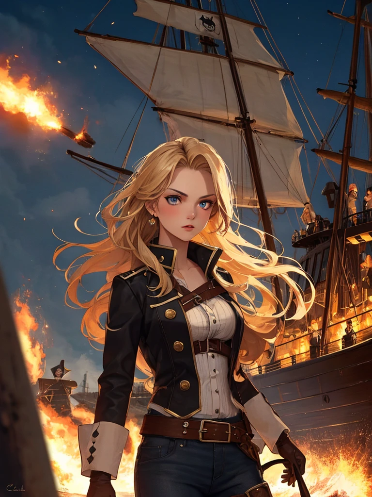 (Pirate War), Ship Explosion, night, typhoon, On board, Android 18, Buckshot, highest quality, 1girl, uhd, retina, masterpiece, ccurate, anatomically correct, textured skin, super detail, high details, high quality, best quality, highres, 4K