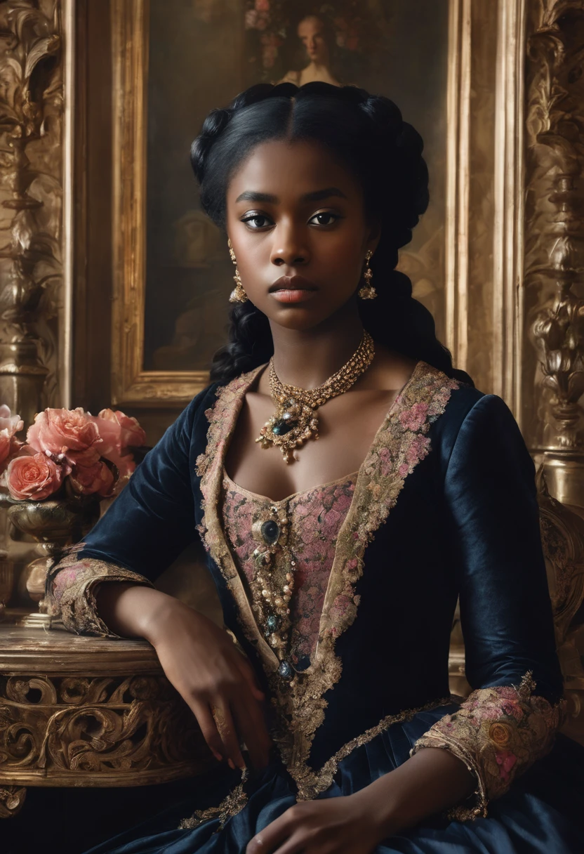 create an image of a young woman with dark skin, with a sad look but very sweet and beautiful, noble, adorned with antique jewelry and dressed in elegant clothes, is in a hall decorated with flowers. She looks at the camera with a pensive expression, reflecting on a forbidden love in the 18th century.