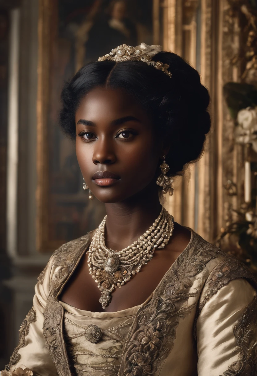 create an image of a young woman with dark skin, with a sad look but very sweet and beautiful, noble, adorned with antique jewelry and dressed in elegant clothes, is in a hall decorated with flowers. She looks at the camera with a pensive expression, reflecting on a forbidden love in the 18th century.