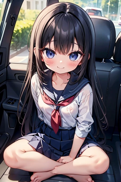 One person、Long Hair、Lori、Black Hair、With bangs、6 year old girl、small、1st grade elementary school students、Baby Face、smile、Big eyes、barefoot、black eye、cute、Are thin、Very small breasts、School uniforms、身長のsmall、((In the car))、Luxury vehicles、Bare Skin、Show the whole body、(Circular muzzle)