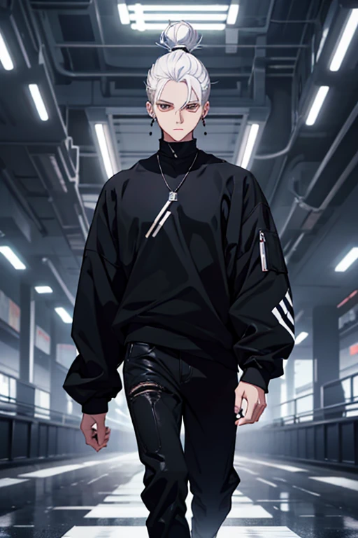 Anime man gradient young white hair low on shaved sides turns hair bun to the left side in the middle serious face with black earrings black sweatshirt Speed jeans futuristic clothes black dark circles under his eyes big black hair big brown hair extremely futuristic clothes futuristic clothes futuristic sweatshirt black skinny jeans male