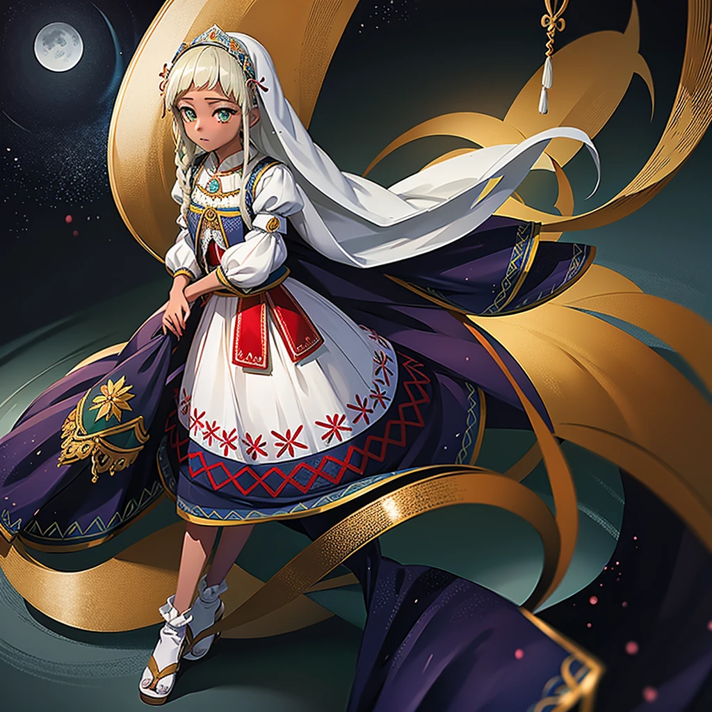 最high quality、high quality、10 years old、Brightly embroidered folk costumes from Central Asia and the Caspian Sea region、Bride Girl、Moonlight meadow、moonlight、Long dress