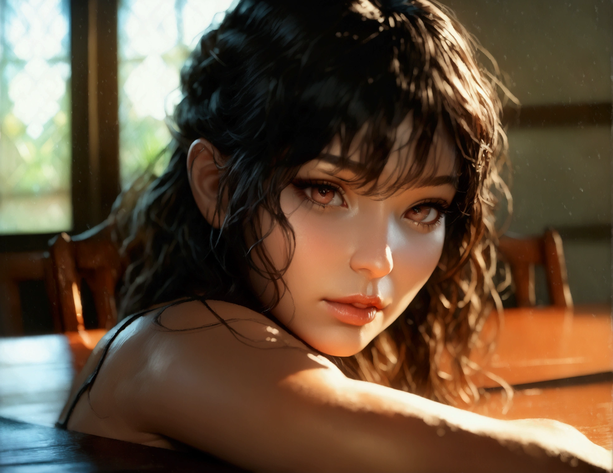 A girl with large breasts, milky skin, sitting near a table, beautiful detailed eyes, beautiful detailed lips, extremely detailed eyes and face, long eyelashes, intricate facial features, porcelain skin, elegant posture, graceful gesture, natural lighting, soft ambient glow, warm color tones, (best quality,4k,8k,highres,masterpiece:1.2),ultra-detailed,(realistic,photorealistic,photo-realistic:1.37),high quality, photorealistic, cinematic lighting, 3D render, studio lighting