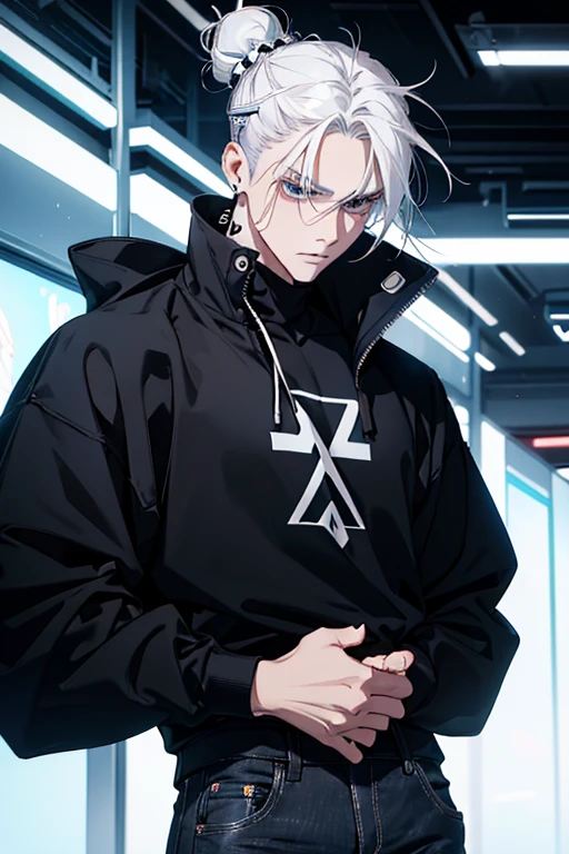Anime man gradient young white hair low on shaved sides turns hair bun to the left side in the middle serious face with black earrings black sweatshirt Speed jeans futuristic clothes black dark circles under his eyes big black hair big brown hair extremely futuristic clothes futuristic clothes futuristic sweatshirt black skinny jeans male