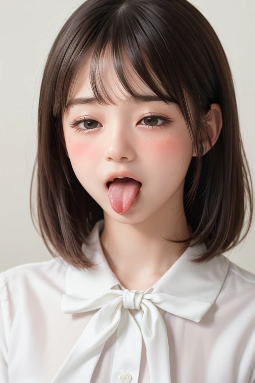 (masterpiece:1.3)、Very nice finish、(High resolution、8k:1.3)、(Highest quality、Ultra-realistic as a photo:1.5)、Sharp focus, 超High resolutionの顔、The face is in focus、Ultra high definition and beautiful eyes、Eyes are symmetrical:1.3、High quality and beautiful skin、Firm Skin、1 girl, (())、((White tight business blouse with collar))、(White bow tie blouse)),(very cute、Amazing beautiful girl)、Natural Makeup, Glossy Lips、Wet eyes:1.3,, Embarrassing:1.3、(Short Bob Cut),(Sticking out tongue:1.5),(Upper body shot:1.5),(Please open your mouth wide:1.5)、(Wrinkles between the eyebrows:1.4)、(Scared expression:1.8)、(Please close your eyes completely:1.8),(Blushing:1.5),(Let your bangs hang down:1.7)、Low contrast lighting、(The top of your head fits in the frame:1.3)