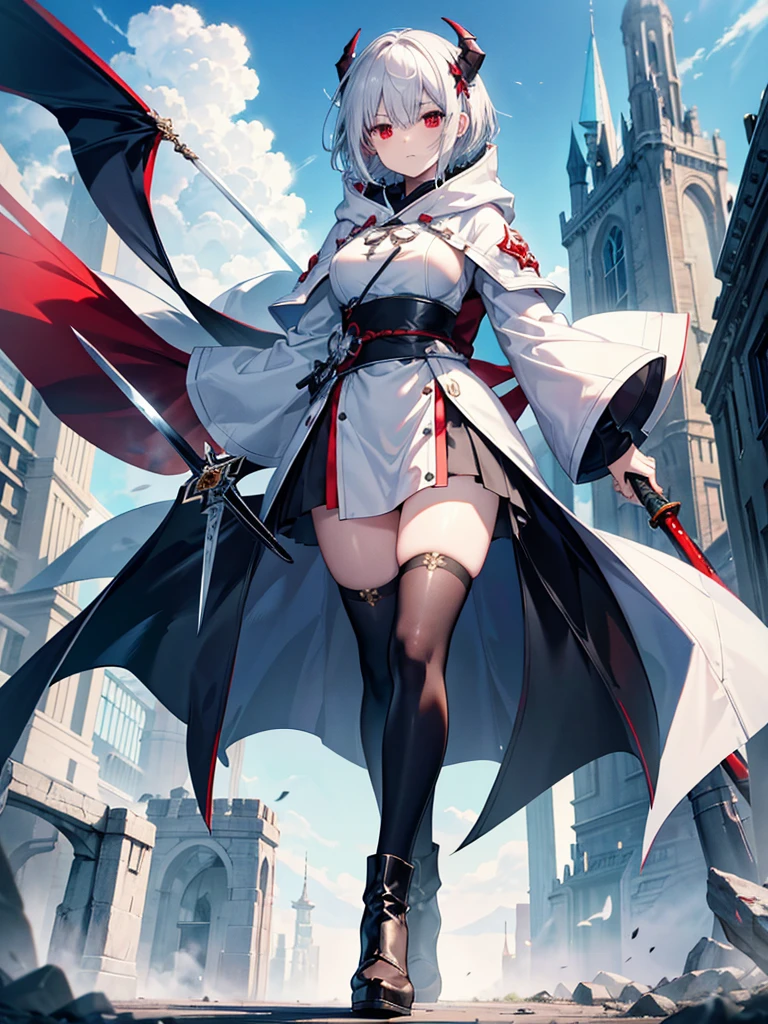 Highest quality、High resolution、Serious expression、One Woman、Silver Hair Short、Sharp red eyes、Uplifting、Light equipment、Swing a long sword、In combat with an enemy male swordsman、Around 20 years old、anime、Voluptuous bust、Narrow waist、In front of the Demon Castle、Great style、Height: 170cm、Wounded、White hooded cloak、A dignified and cute face、Wearing boots、White clothing、8k、high resolution、Spooky sky、Horde of Demons、Battle with the Demon King&#39;s Army、Black trousers、dark brown boots、The strongest swordsman