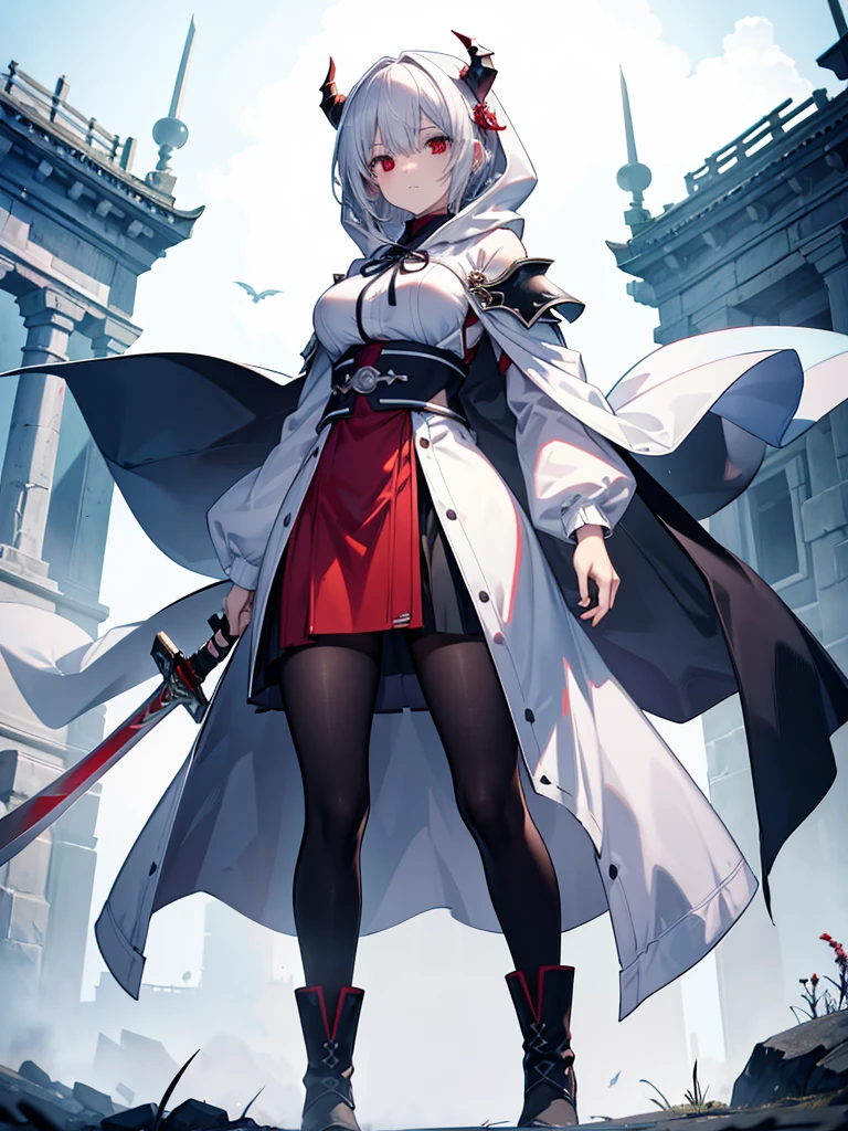 Highest quality、High resolution、Serious expression、One Woman、Silver Hair Short、Sharp red eyes、Uplifting、Light equipment、Swing a long sword、In combat with an enemy male swordsman、Around 20 years old、anime、Voluptuous bust、Narrow waist、In front of the Demon Castle、Great style、Height: 170cm、Wounded、White hooded cloak、A dignified and cute face、Wearing boots、White clothing、8k、high resolution、Spooky sky、Horde of Demons、Battle with the Demon King&#39;s Army、Black trousers、dark brown boots、The strongest swordsman