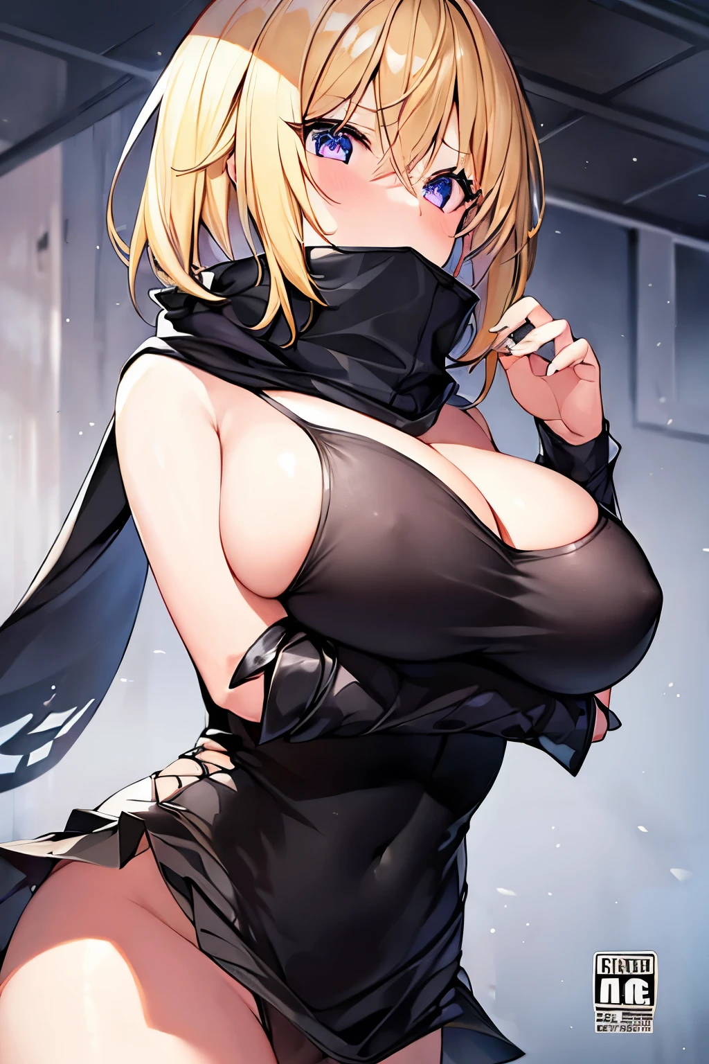 1 girl、Blonde、Short Hair、Darkleaper、Black clothing、((Aggressive design))、Bigger breasts、Expose、Scarf、Cover your mouth with a cloth