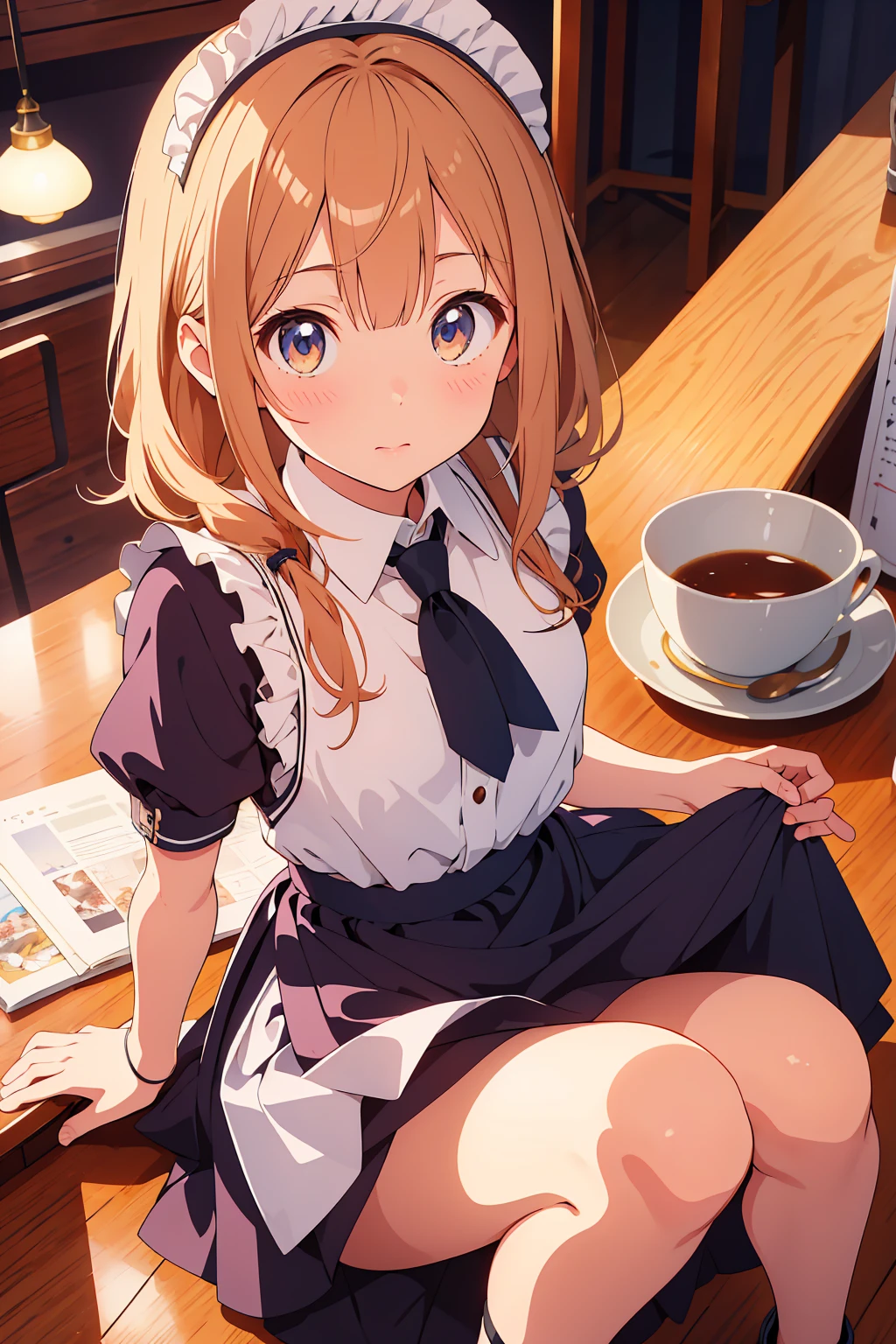 (Highest quality,Tabletop:1.2),(Anime Style,Comic Core:1.1),One Girl,Cute Style,Adorable,Highly detailed eyes,Highly detailed face,Very fine hair,About Hipdar,8k,solve,Maid,Maid服,mini skirt,squat,