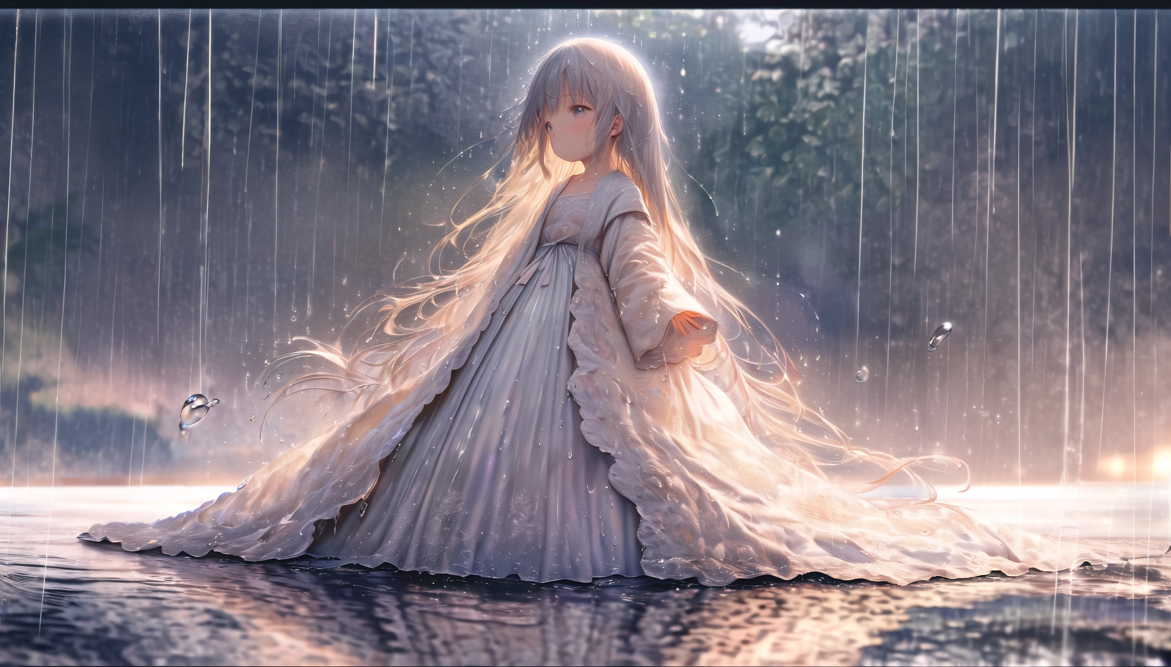 (full body), (solo), (A 7--old l:1.2), (very yo, (Solo), (small breast), (wide angle), raw photo, Aesthetic, Convoluted, Awarded, chiaroscuro, Best Quality, Detailed background, (Misty atmosphere:1.2), (hard rainy day:1.1),((Girl in very long white hanfu dress:1.2)), large white silk dress, long white hanfu with a silk texture, best wrinkles, real wrinkles, best shadows, (wet, wet body, wet hair, wet skin, very wet white dress, reflection on the wet dress, delicate cherry blossom embroidery, subtle water droplets:1.15), (water spray:1.1), In the heart of the rainstorm, the girl's white dress emerges as the central canvas of the scene. The fabric, once crisp and structured, now clings to her form with the weight of the rain. Each delicate fold and crease of the dress captures the essence of the downpour, transforming into a fluid silhouette that mirrors the contours of her body. The dress, adorned with intricate lace and subtle embroidery, takes on a life of its own. The lace, once a pattern of air and light, now holds the rain's secrets, each loop and thread glistening with captured droplets that refract the ambient light into a spectrum of soft pastels. As the girl moves, the dress responds with a lifelike fluidity, the hem swirling and eddying like a river in motion. The translucency of the wet fabric reveals the dance of shadows and light beneath, the contours of her legs hinted at through the sheer, rain-soaked layers. The camera captures the dress from various angles, each revealing a different facet of its transformation. A close-up reveals the fabric's texture, the threads now plush with water, the weave of the lace taking on a new depth. The dress's surface is peppered with countless raindrops, each a tiny prism reflecting the world around it. From a distance, the dress becomes a part of the larger tableau, its whiteness contrasting with the dark, rain-soaked ground. The camera zooms in to capture the way the fabric clings to