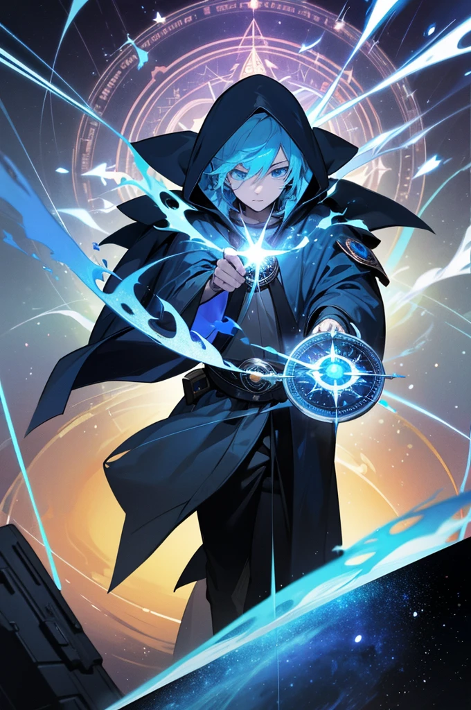 A young man with blue hair and blue eyes, wearing a blue hooded robe, deploying a huge black magic circle, background: distortion of space-time, asteroid belt, a supernova explosion in his hand, and a huge compass behind him