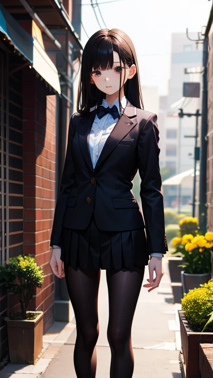 masterpiece, Highest quality, One Girl, Thighs, beautiful girl, Flowers, Lots of small petals, Narrow waist, Official Art, RAWphotograph,bright、Vibrant colors、Face Light, Dynamic Lighting, Cinema Lighting, Ultra-realistic, High resolution, photograph, Sharp focus, Highly detailed eyes and face,Symmetrical face, whole body、Large Breasts、Long Hair、チラリと見えるThighs、suit、mini skirt、lipstick、pantyhose、Embarrassing、Long legs、loafers