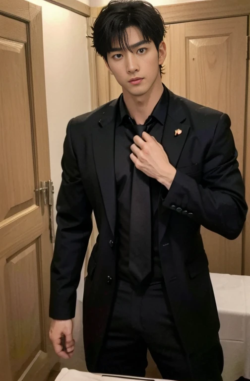 1 handsome Japanese guy，27years old，Lawyer，Formal shirt and  tie, Lawyer服, Professional Dress, Preparing for court, Handsome and elegant, Wearing a black uniform， sexy abstinence, in blouse wearing, Masculine and handsome，musculous，Muscles look good，hairy bodies，with fair skin，黑The eye（thin eyes 1：3），Full body photo,lewd face, tight chest,  provocatively, unbutton buttons ,sexy