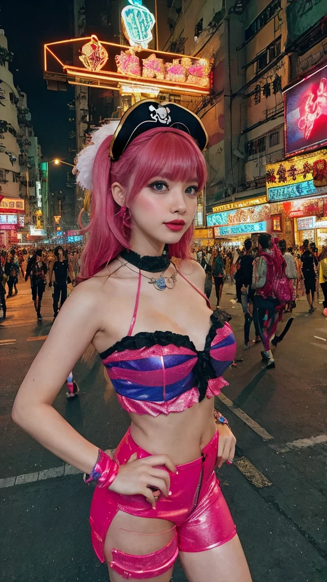 hong kong, day, ( pirate, pirate on boat:1.4 ,  boat sailing on street, ready for fighting, cannon ), (Awkward,blush :1.3), Alafi girls take photos in colorful clothes, y 2 k cutecore crowncore, Lovely Decora Rainbow Core, Lovely high quality rendering, Candy Girl, Deco, Unreal Engine : : Carnival Makeup, Working Girl, raver girl, Carnival Costumes, Glitch Punk Girl, soda themed girl, Lively and cheerful, 80s pin-up style, 