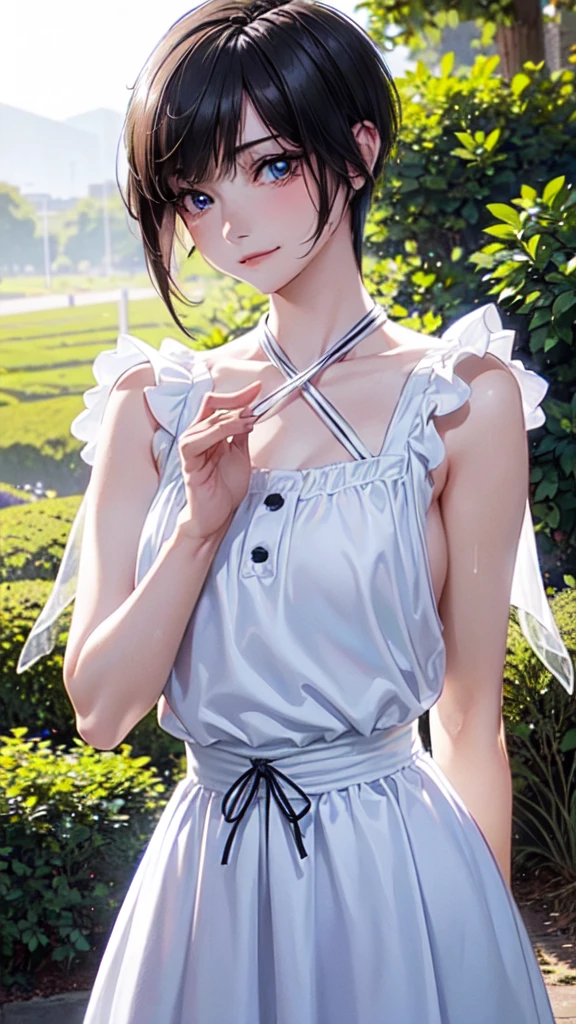 (masterpiece:1.3, Highest quality, Ultra-high resolution, Super detailed), (Realistic:1.1, photoRealistic:1.4), Beautiful illustrations, Perfect lighting, colorful, Depth of written boundary, Beautiful detailed hair, Beautifully detailed face, Beautiful attention to detail, Beautiful clavicle, Beautiful body, (Beautiful small breasts), Beautiful thighs, Beautiful feet, Beautiful fingers, View your viewers, 1 girl, Japanese, high school girl, Perfect Face, (Perfect Anatomy, Anatomically correct), Cute and symmetrical face, Baby Face, Sunburn, Glowing Skin, (short hair:1.5, Bobcut:1.2, Ash Blonde Hair), Hair between the eyes, blue eyes, Long eyelashes, thin, (Pale pink dress, Black tank top, White Skirt), (Are standing), (Cute smile,, Close your mouth),