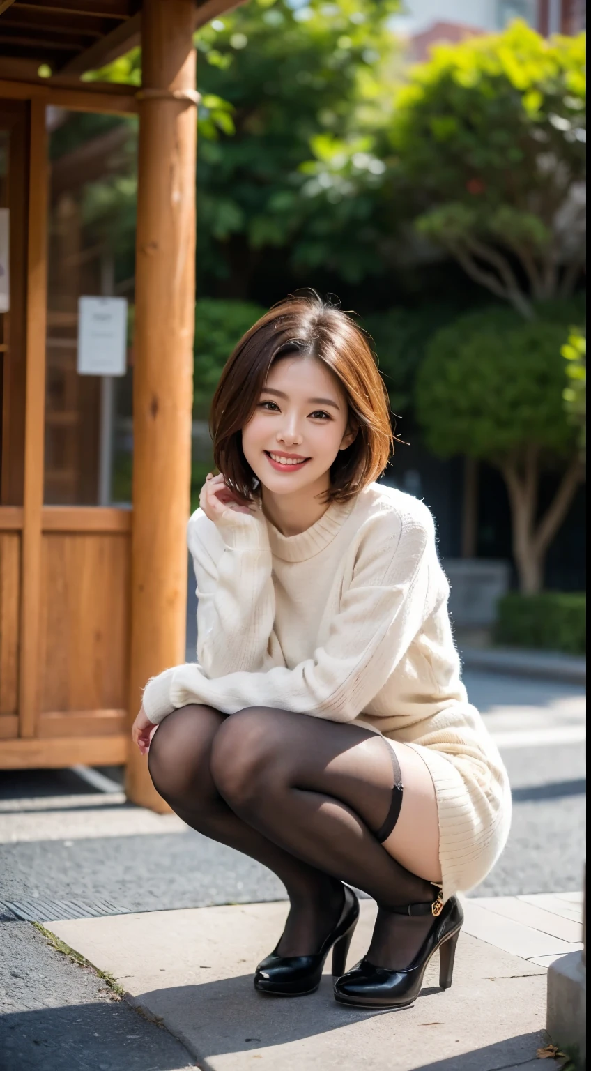 ulzzang-6500-v1.1, (RAW Photos:1.2), (Photorealistic), Beautiful details, (Genuine: 1.4), A simple 33-year-old wife、(Wear a knit dress that shows off your beautiful body line.)、(Ultra-realistic pantyhose:1.3)、Thighs Thighs、Squatting in the park、height: 156cm, A little chubby、Japanese Model, Short Layered Hair、Laughter、smile、Japanese Girls, A proper Japanese woman, Japanese Goddess, Innocence、Huge file sizes, High resolution, Very detailed, Highest quality, [masterpiece:1.6], Awareness-raising, Very detailed, , finely, Highest quality, 8k wallpaper, Cinema Lighting,  Cute droopy eyes、Beautiful big eyes、Just Piece)), Highest quality, One mature woman, eye shadow, Portraiture, (((Full Body Shot:1.3)))、((とても愛情深いsmile:1.2))、((Very long legs:1.3)),(elegant brown hair:1.4)),((Short Hairstyles:1.4)), 　Shiny skin、Bare thighs!!!