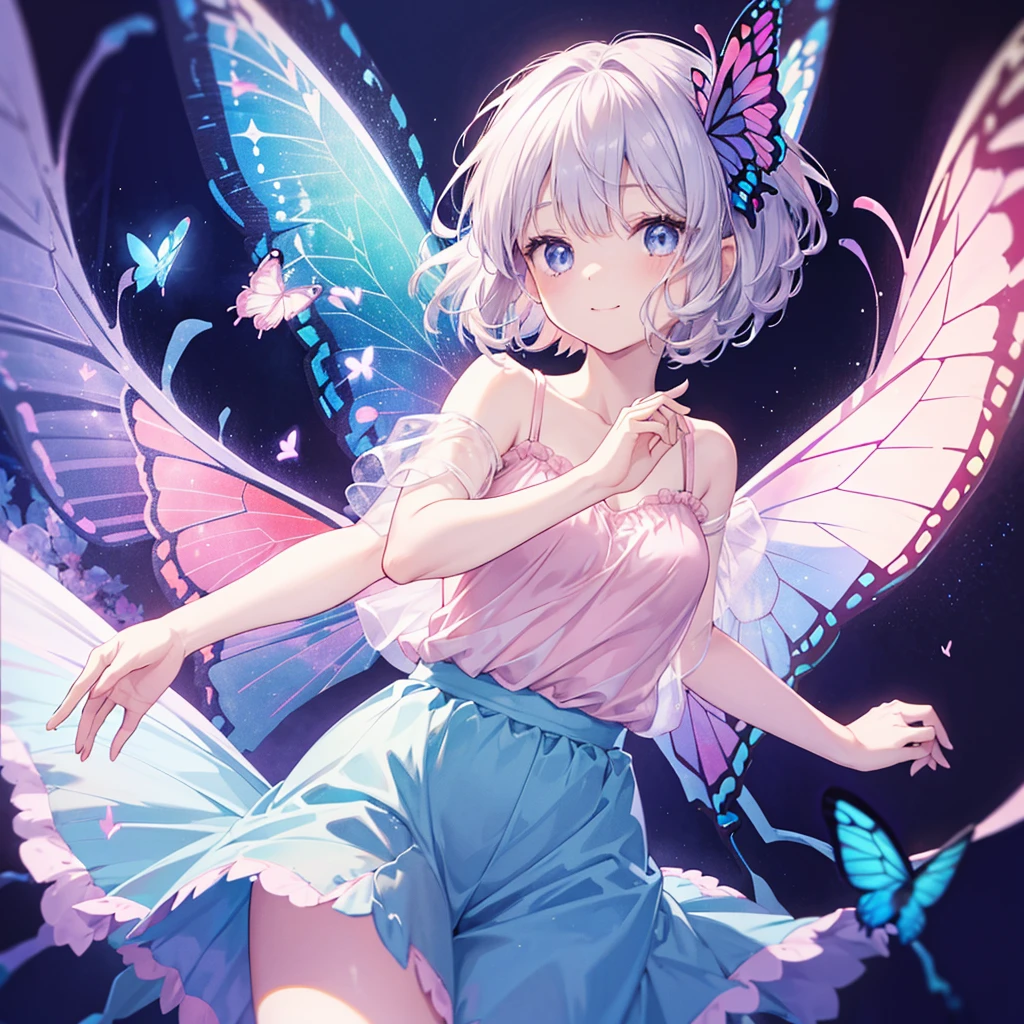 One Woman((A little fairy,Butterfly Wings Happiness)) background((Pale pink,Lots of hearts))smile ,Gray Hair,Short bob blue eyes,Super Shining Camisole Super Pop Anime,Anime The Wind Blows,Jagged front,Raise your arms,floating