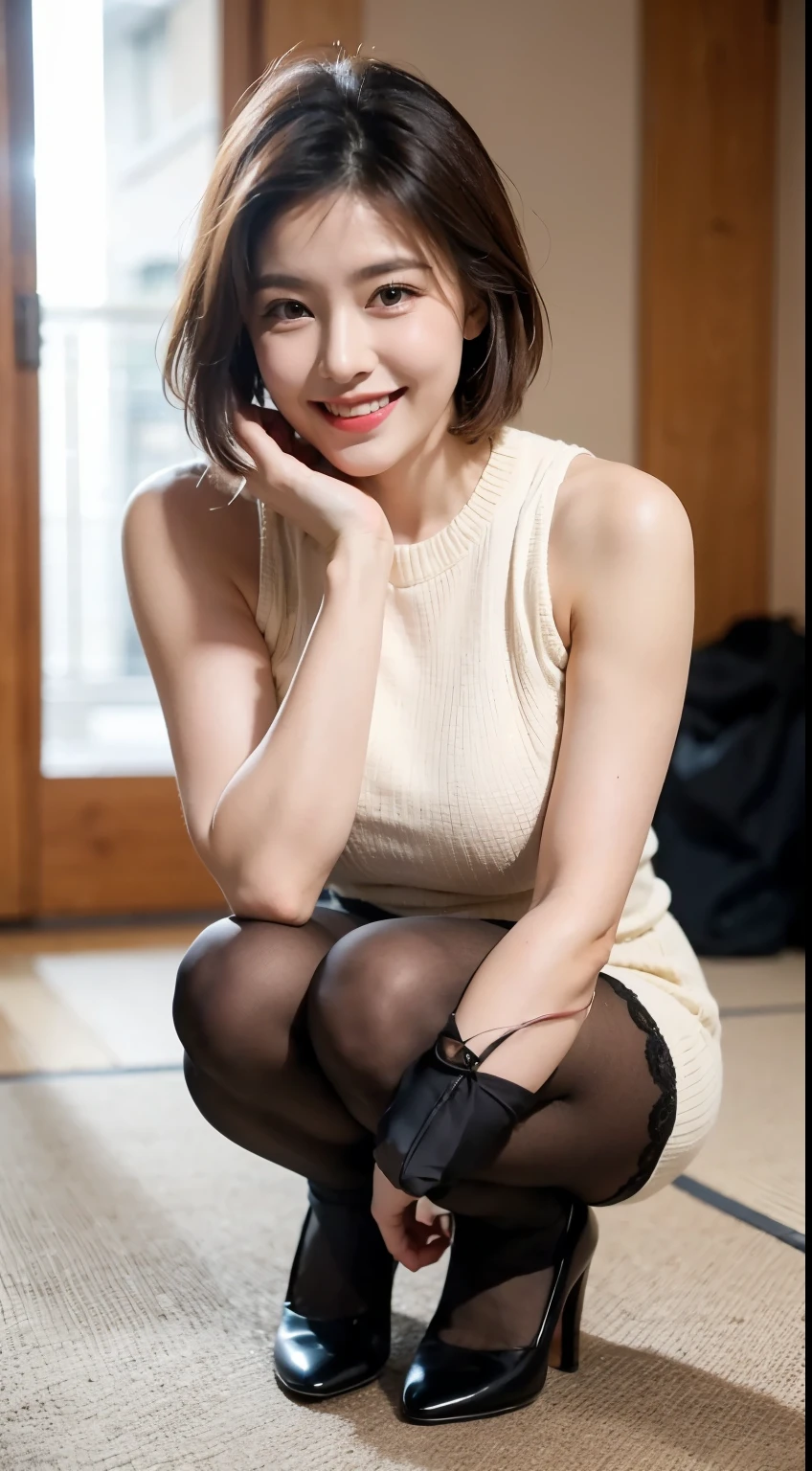 ulzzang-6500-v1.1, (RAW Photos:1.2), (Photorealistic), Beautiful details, (Genuine: 1.4), A simple 33-year-old wife、(Wear a knit dress that shows off your beautiful body line.)、(Ultra-realistic pantyhose:1.3)、Thighs Thighs、Squatting in the park、height: 156cm, A little chubby、Japanese Model, Short Layered Hair、Laughter、smile、Japanese Girls, A proper Japanese woman, Japanese Goddess, Innocence、Huge file sizes, High resolution, Very detailed, Highest quality, [masterpiece:1.6], Awareness-raising, Very detailed, , finely, Highest quality, 8k wallpaper, Cinema Lighting,  Cute droopy eyes、Beautiful big eyes、Just Piece)), Highest quality, One mature woman, eye shadow, Portraiture, (((Full Body Shot:1.3)))、((とても愛情深いsmile:1.2))、((Very long legs:1.3)),(elegant brown hair:1.4)),((Short Hairstyles:1.4)), 　Shiny skin、Bare thighs!!!