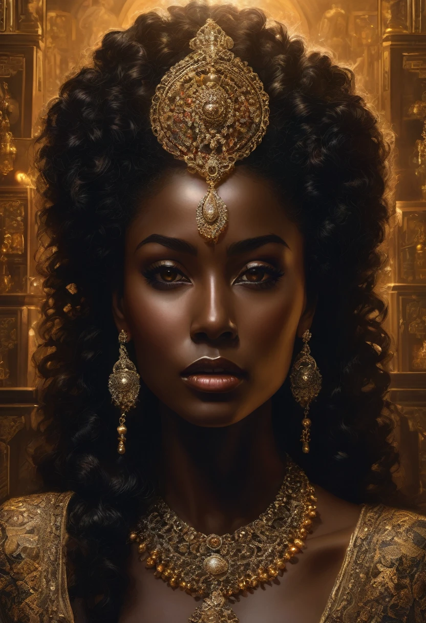 A mysterious woman, covered in elaborate jewelry and with an enigmatic expression, sits in a dimly lit room. Who is she and what secrets does she hide behind her intense gaze? a beautiful woman with dark skin and curly hair.