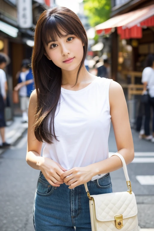 Cute beautiful girl in Japan、Photorealistic、(Masterpiece), (Highest quality), White sleeveless T-shirt、With her bag slung across her chest,