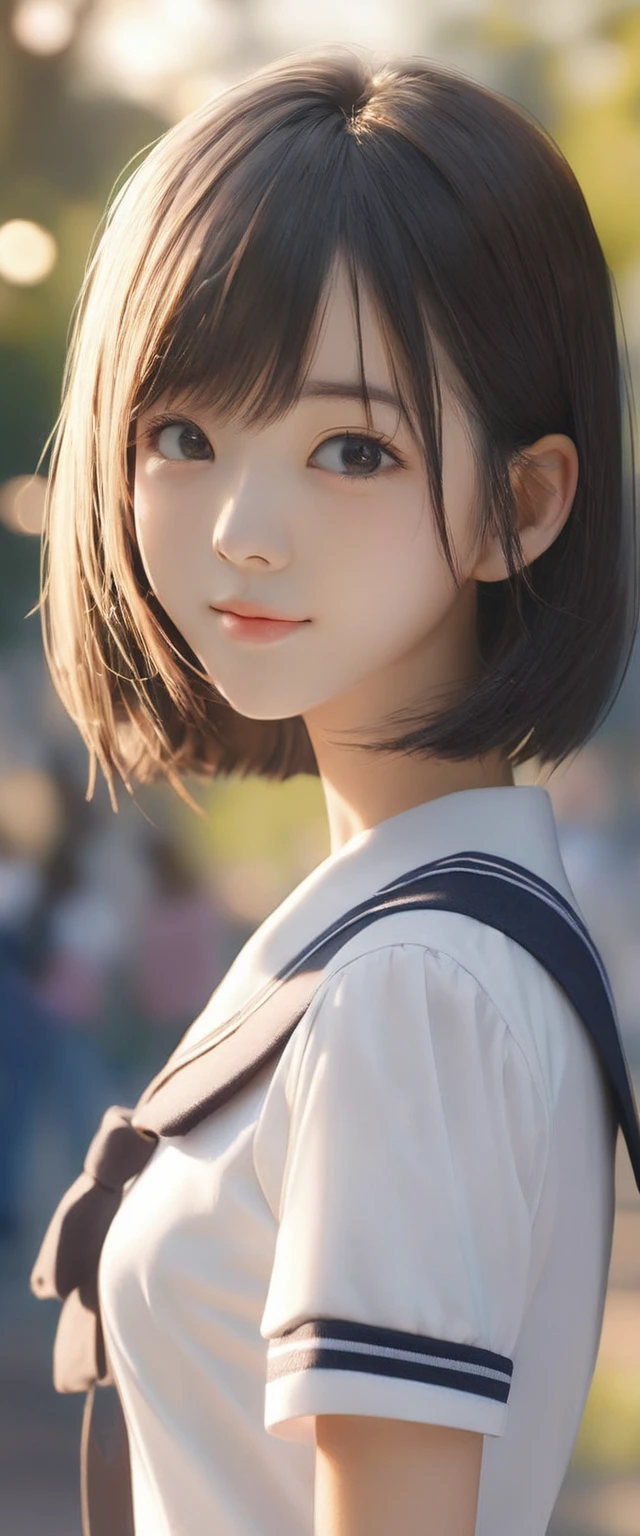 Detailed face, Cute Face,18-year-old female, Long Hair, RAW Photos, Bokeh (realism: 1.4, Realistic), High-definition CG integrated 8K wallpaper, One Girl, ((the body is slim: 1)), (Small breastss: 1), Back to viewers, ((Direct view from the front)), (high qualityスキン: 1.4), 8K Ultra HD, Digital SLR, Soft Light, high quality, Film Grain, Fujifilm XT3, ((school uniform, Short skirt,The open skirt is visible through:1.5)), ((Outdoor, at the park))) Janju, Portraiture,((Layered Short Haircut, Black Employment,Small breasts:1.2)),(View your audience:1.4),(whole body:1.8)